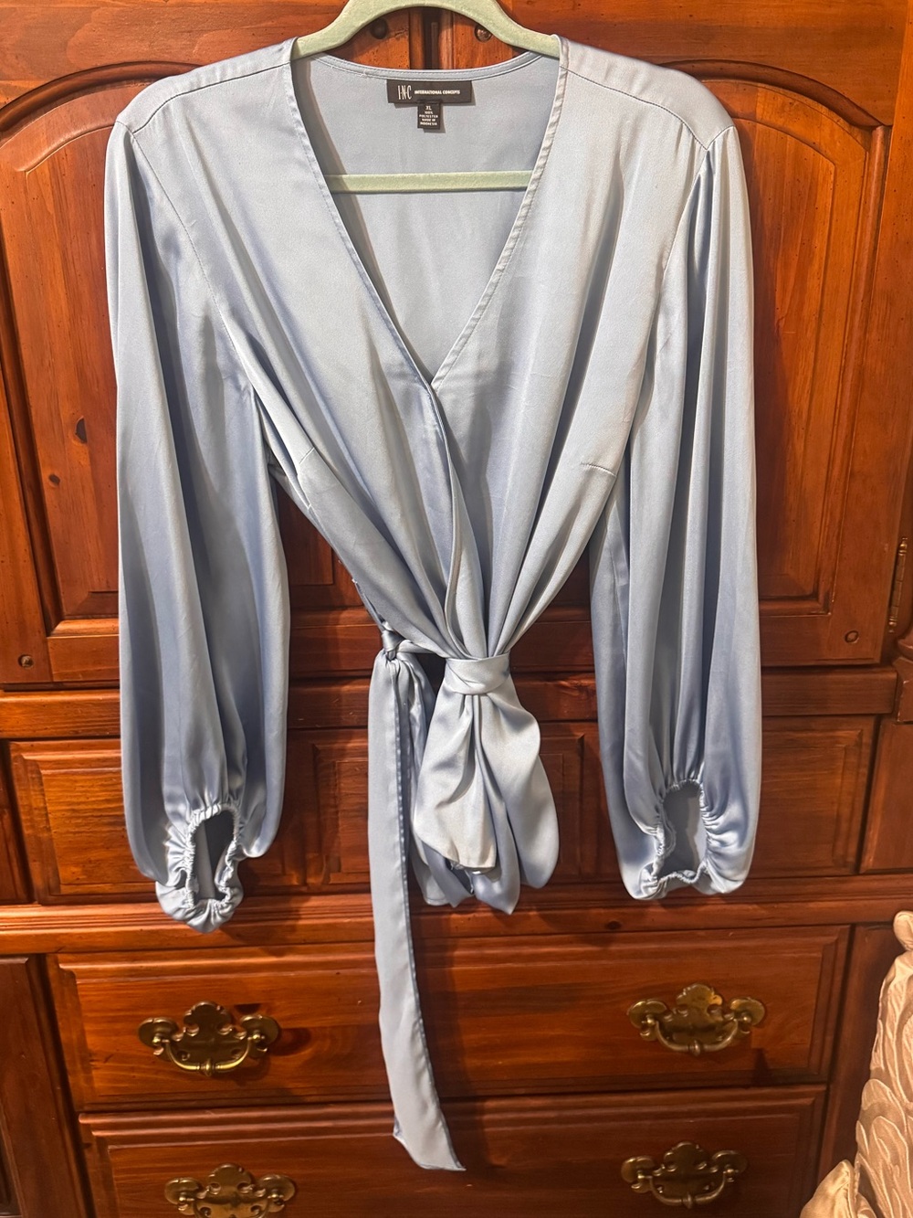 INC International Concepts Satin Wrap Blouse in Light Blue